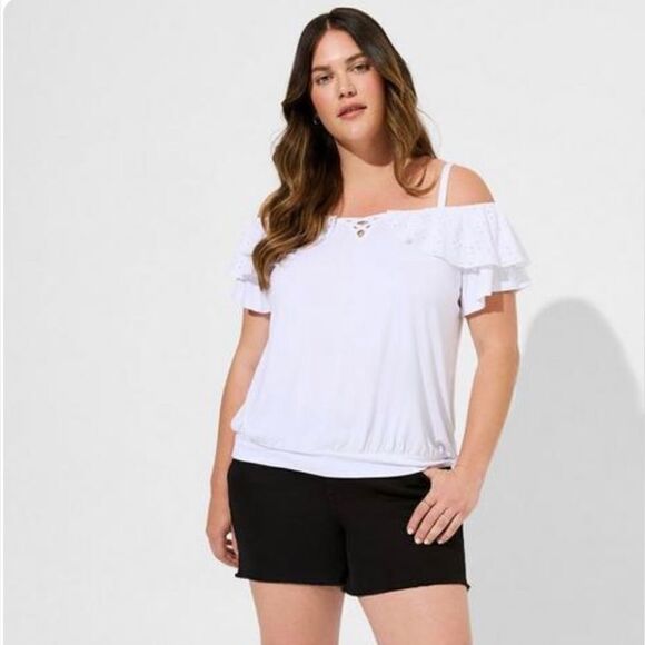 Torrid Super Soft Cold Shoulder Eyelet
Ruffle Crop Top - Picture 2 of 6